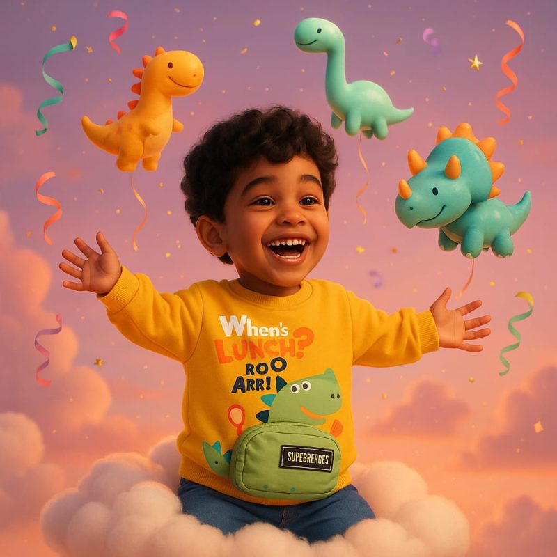 Stylish Kids' Dinosaur Graphics Attachable Purse T-Shirt & Jeans Set - Image 4