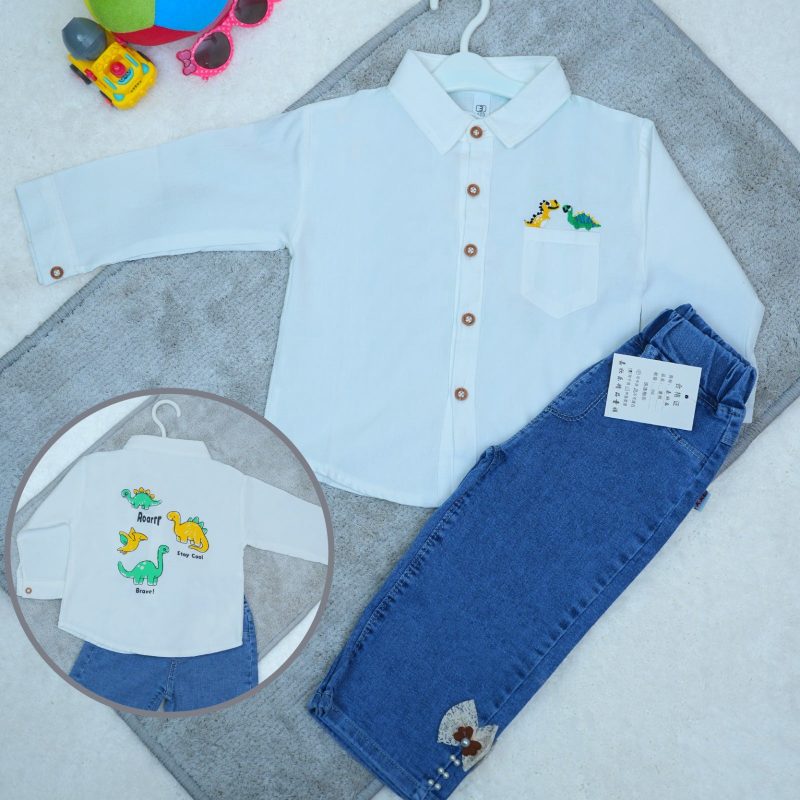Dinosaur Pattern Designed Full Sleeve Shirt & Jean Pants for Kids - Image 4