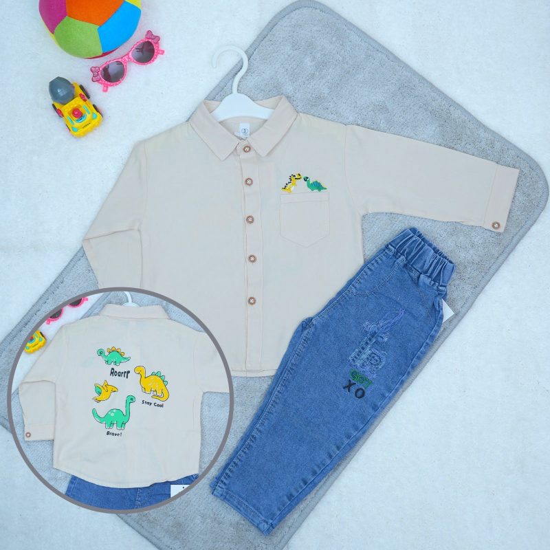 Dinosaur Pattern Designed Full Sleeve Shirt & Jean Pants for Kids - Image 3