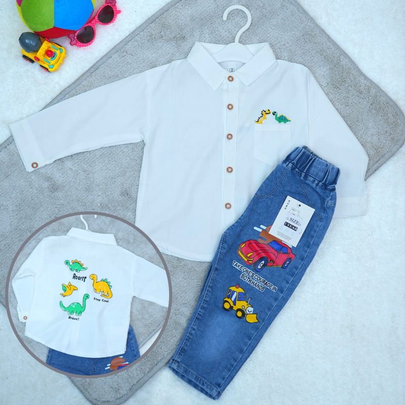 Dinosaur Pattern Designed Full Sleeve Shirt & Jean Pants for Kids - Image 2