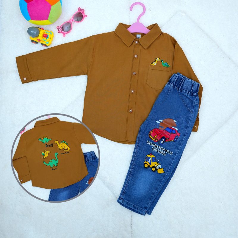 Dinosaur Pattern Designed Full Sleeve Shirt & Jean Pants for Kids - Image 3