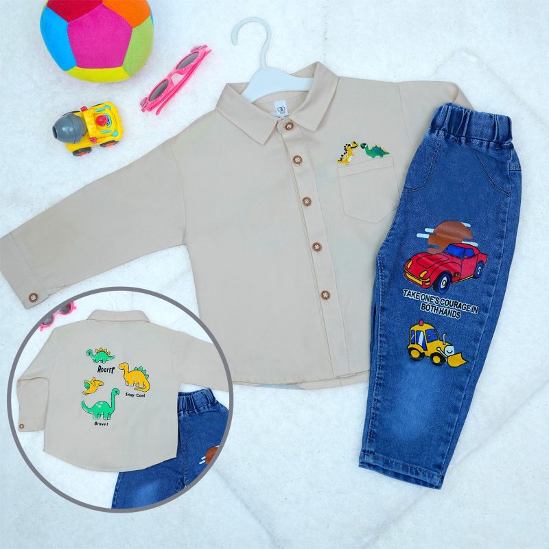 Dinosaur Pattern Designed Full Sleeve Shirt & Jean Pants for Kids - Image 4