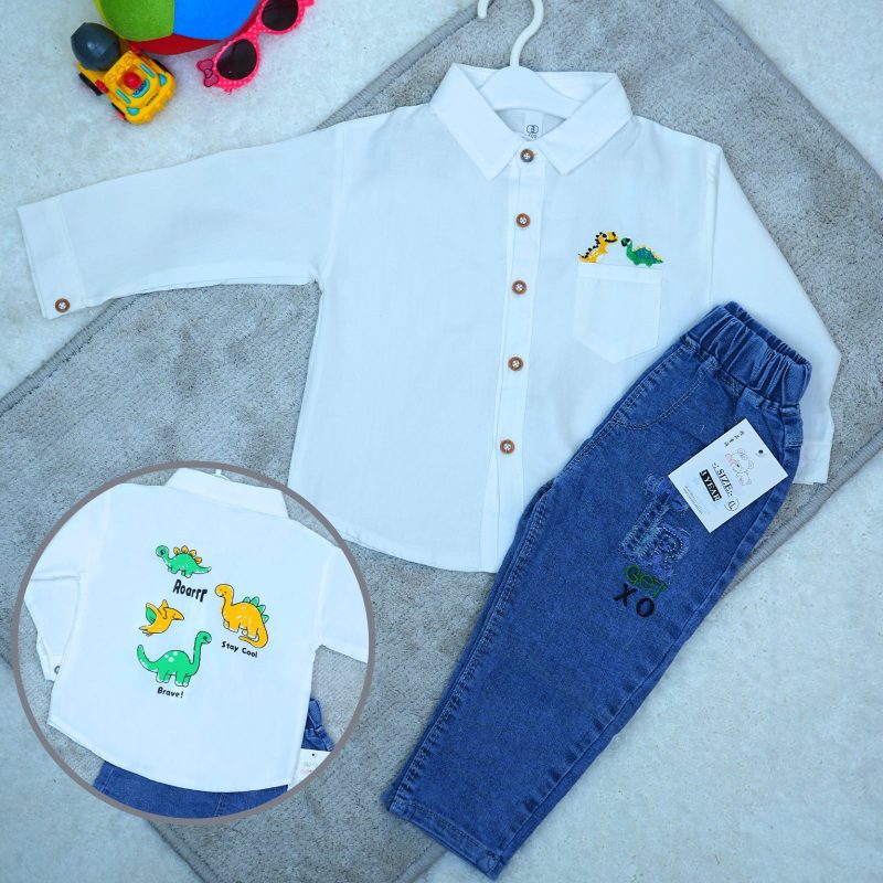 Dinosaur Pattern Designed Full Sleeve Shirt & Jean Pants for Kids - Image 2