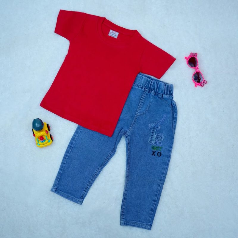Boys Round Neck Short Sleeve T-shirt & Jeans for Kids - Image 2