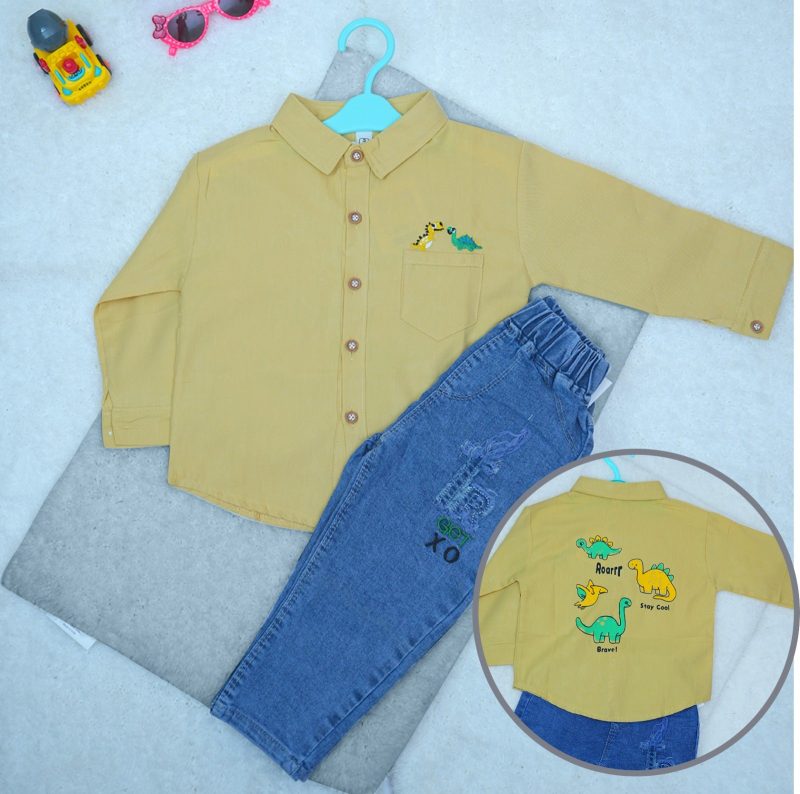 Dinosaur Pattern Designed Full Sleeve Shirt & Jean Pants for Kids - Image 4