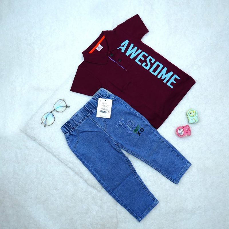 Solid Text Polo Neck T-shirt & Jeans Pant for Kids - Image 4
