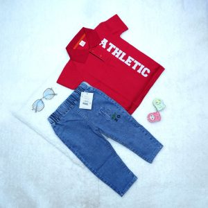 Solid Text Polo Neck T-shirt & Jeans Pant for Kids