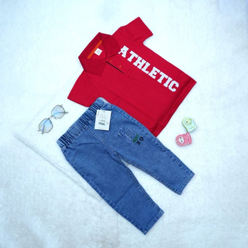 Solid Text Polo Neck T-shirt & Jeans Pant for Kids