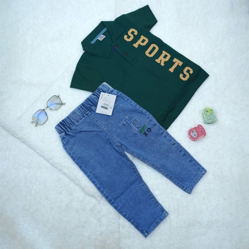 Solid Text Polo Neck T-shirt & Jeans Pant for Kids - Image 5