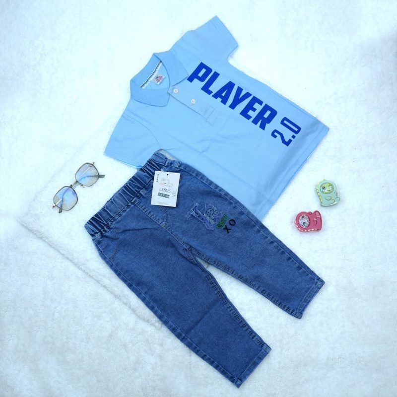 Solid Text Polo Neck T-shirt & Jeans Pant for Kids - Image 2