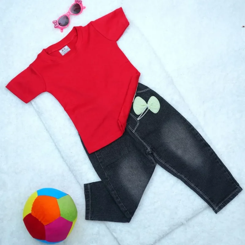 Round Neck Short Sleeve T-shirt & Jeans for Girl Kids - Image 2