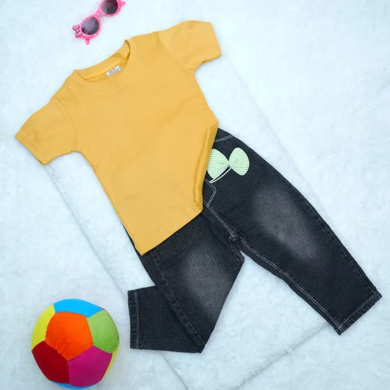 Round Neck Short Sleeve T-shirt & Jeans for Girl Kids - Image 3
