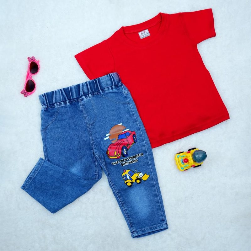 Boys Round Neck Short Sleeve T-shirt & Jeans for Kids - Image 3