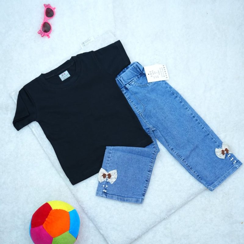Round Neck Short Sleeve T-shirt & Jeans for Girl Kids - Image 3
