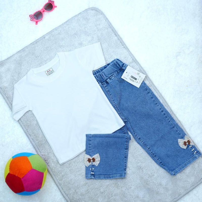 Round Neck Short Sleeve T-shirt & Jeans for Girl Kids - Image 4