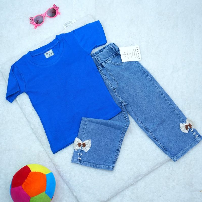 Round Neck Short Sleeve T-shirt & Jeans for Girl Kids - Image 5