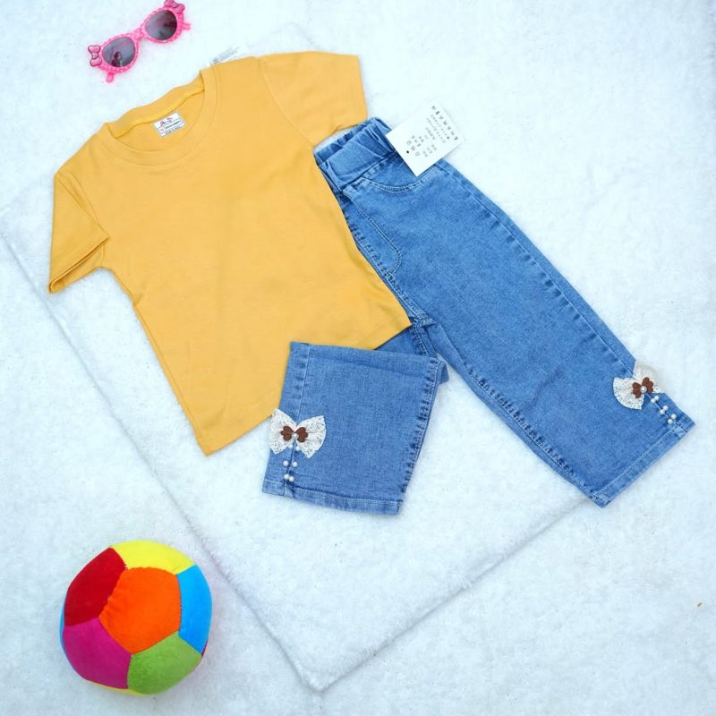 Round Neck Short Sleeve T-shirt & Jeans for Girl Kids - Image 2