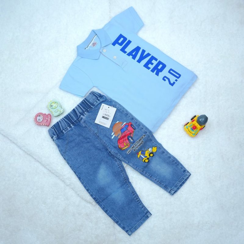Solid Text Polo Neck T-shirt & Jeans Pant for Kids - Image 3