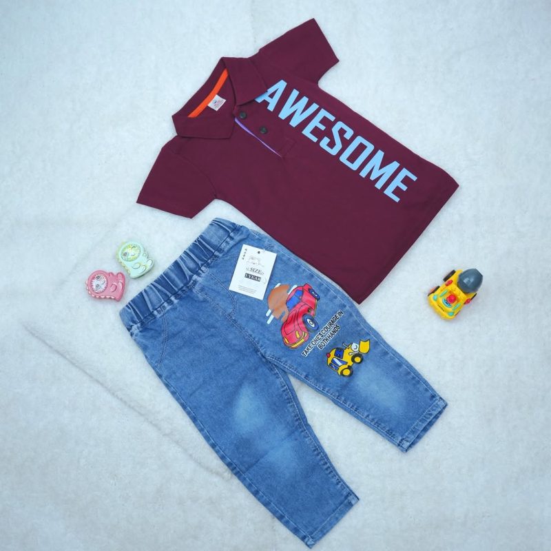 Solid Text Polo Neck T-shirt & Jeans Pant for Kids - Image 4