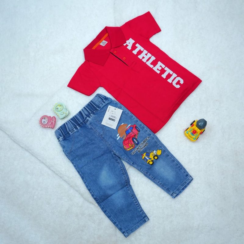 Solid Text Polo Neck T-shirt & Jeans Pant for Kids - Image 5