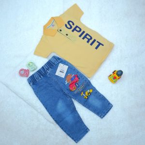 Solid Text Polo Neck T-shirt & Jeans Pant for Kids