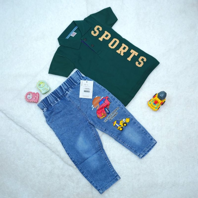 Solid Text Polo Neck T-shirt & Jeans Pant for Kids - Image 2